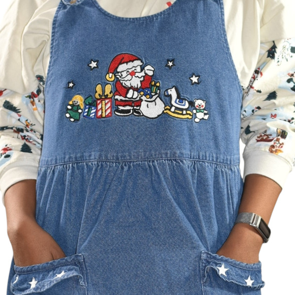 Vintage Christmas Dress Blue Jean Pinafore Bib Overall Jumper Santa Maxi Small - Picture 4 of 13